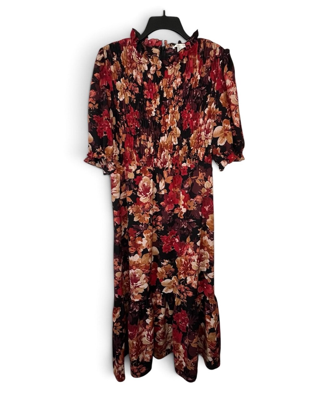 London Times Floral Midi Dress in Black, Red & Brown